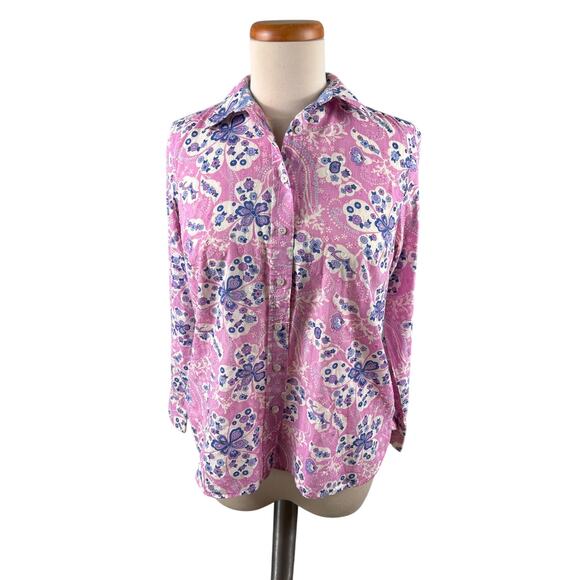 Talbots Women's Small Petite Pink Floral Summer Chic Button Up Long Sleeve Shirt - Picture 1 of 10